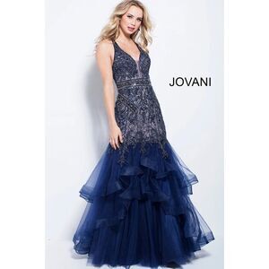 1003 Size 6 Jovani beaded mermaid gown backless navy blue layered tulle